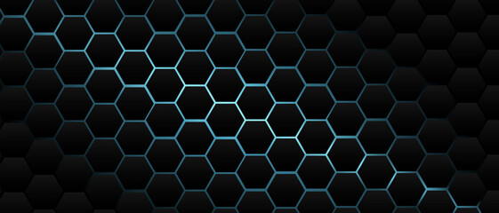 Black hexagon grid pattern on turquoise background, bright light coming from below. Technology, connection and data concept. High resolution full frame abstract and modern background with copy space.
