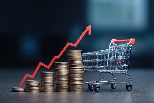 Increasing trend graph of sale volume with bigger shopping trolley cart on coins stacking for online sale business and ecommerce growth concept.