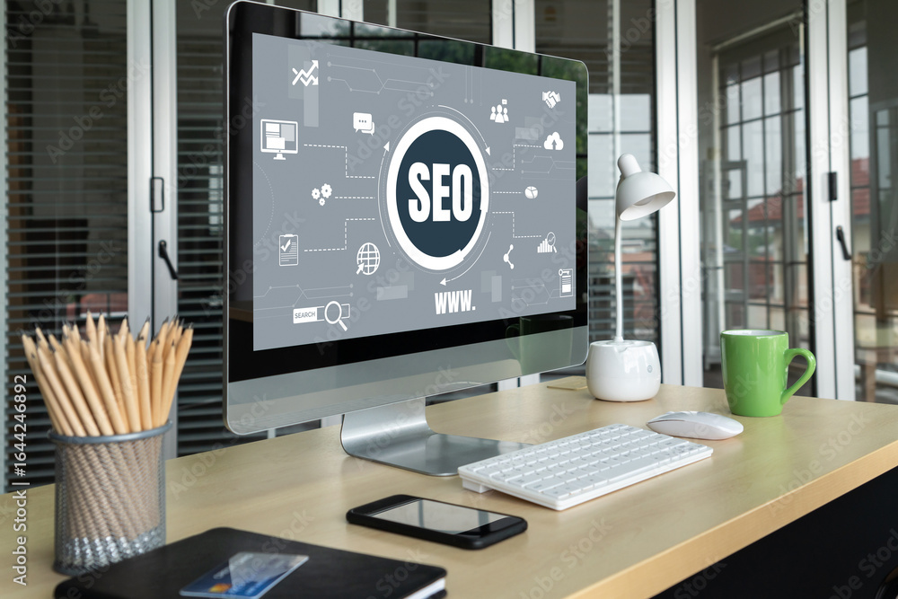 Poster seo search engine optimization for modish e-commerce and online retail business showing on computer 