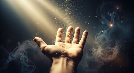 An open hand reaching upwards into a dramatic beam of light, with glowing particles and smoke, evoking hope, faith, and divine intervention