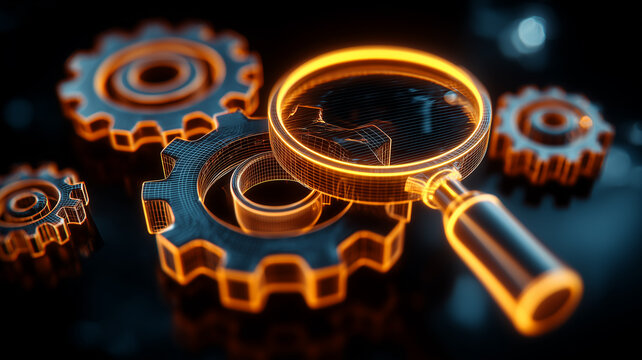 Neon magnifier examining cogwheels, symbolizing continuous improvement, risk control, and measurable gains throughout engineering workflows.
