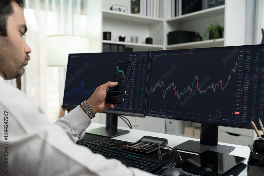 Poster trader businessman searching on smartphone, analyzing in dynamic stock exchange investment screen on