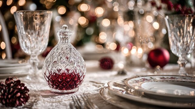 Ornate crystal decanter with festive red accents on a holiday table setting.