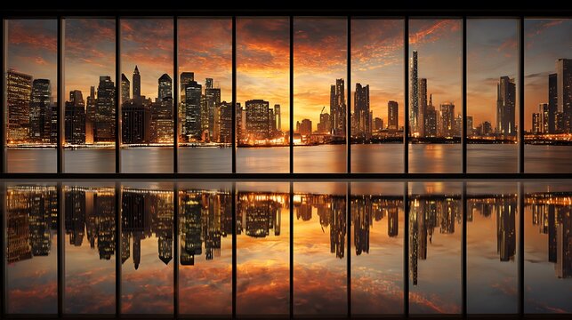 Fototapeta New york city skyline reflecting on wet floor at sunset seen through panoramic window