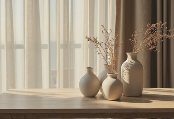 Neutral centerpieces in elegant vases on a sunlit event table