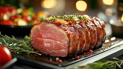 Succulent roast beef garnished with fresh herbs sits on a dark platter. The warm ambiance from background lighting complements the inviting presentation, ideal for celebrations