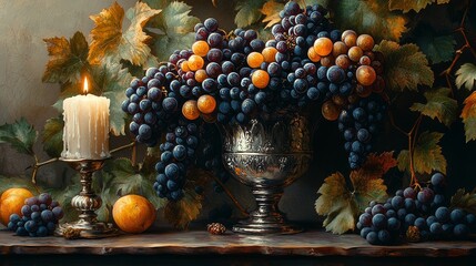 Fototapeta premium Chiaroscuro-style still life of grapes, a silver goblet, and a candle, in the dramatic lighting of Caravaggio. --ar 16:9 --stylize 750 --v 6.1 Job ID: 81ceef27-b4eb-4a7a-8d64-c3831a1a849b