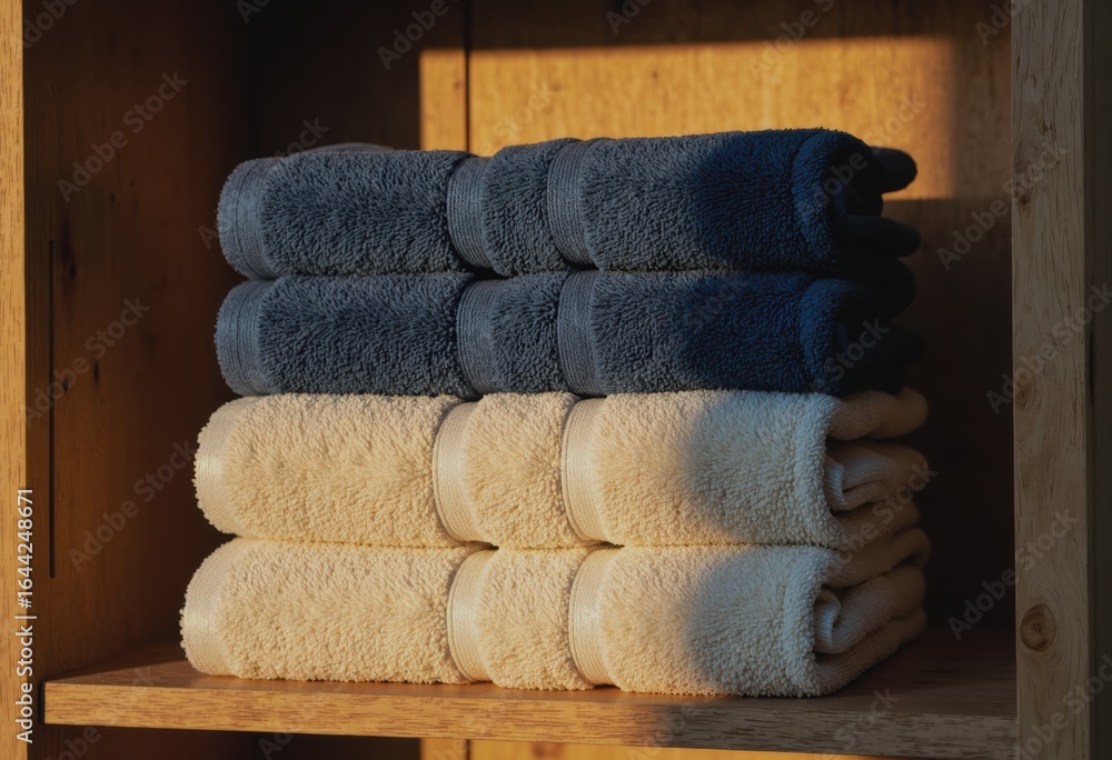 Poster neatly folded towels stacked on an open wooden shelf
