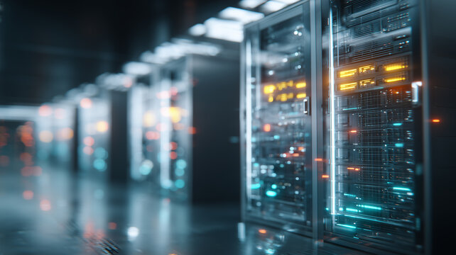 Modern Data Center Corridor with Mission Critical Servers.
Illuminated racks showcase scalable cloud infrastructure, signaling reliability, performance, and the backbone of digital services