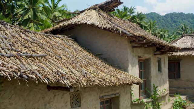 Real view of rural thatched houses The house features of the original village