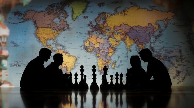 Silhouetted chess players strategize against a world map backdrop before the coming conflict