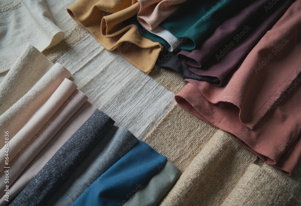 Poster textile sorting table displaying an array of folded fabric swatches
