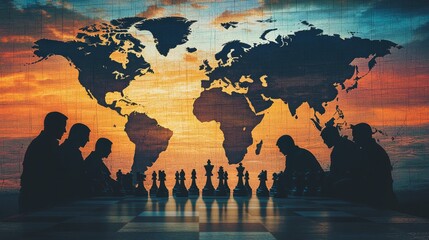 Silhouetted chess players strategize against a world map background before conflict erupts