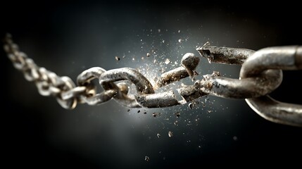 Metal chain breaking under pressure on dark background