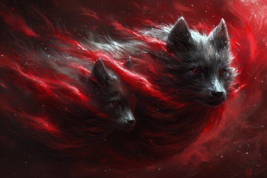 Mystical black foxes blend into a swirling red and black background with ethereal energy at twilight