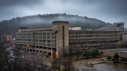 Grey concrete building on a hilltop parking garage.