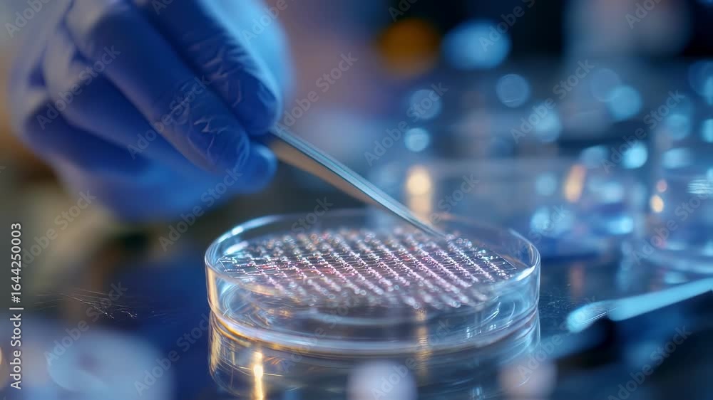 Poster medium shot capturing a scientists hands carefully placing a dna matrix hydrogel scaffold into a pet