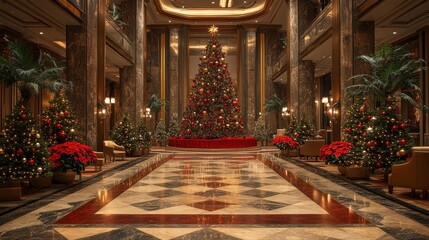 Christmas Tree and Luxurious Hotel Lobby with Red and Gold Decorations --ar 16:9 --stylize 750 --v 6.1 Job ID: e05c3774-69ca-42c1-bdc4-9d9b485e14de