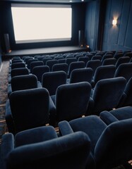 Fototapeta premium Movie theater auditorium featuring comfortable seating and a large projection screen