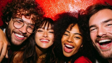 Four cheerful multi ethnic young adult friends are enjoying a lively party, laughing and smiling together against a vibrant red glittery background