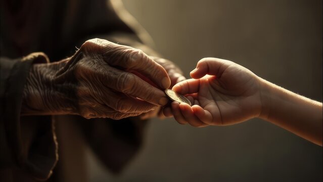 Elderly hand giving a coin to a child's hand