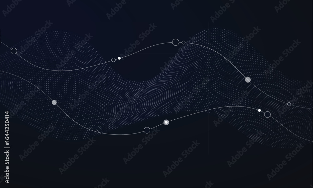 Poster abstract data stream illustration with wavy particle flow and connected nodes technology background