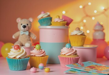 Colorful children's party equipment with cupcakes and a teddy bear
