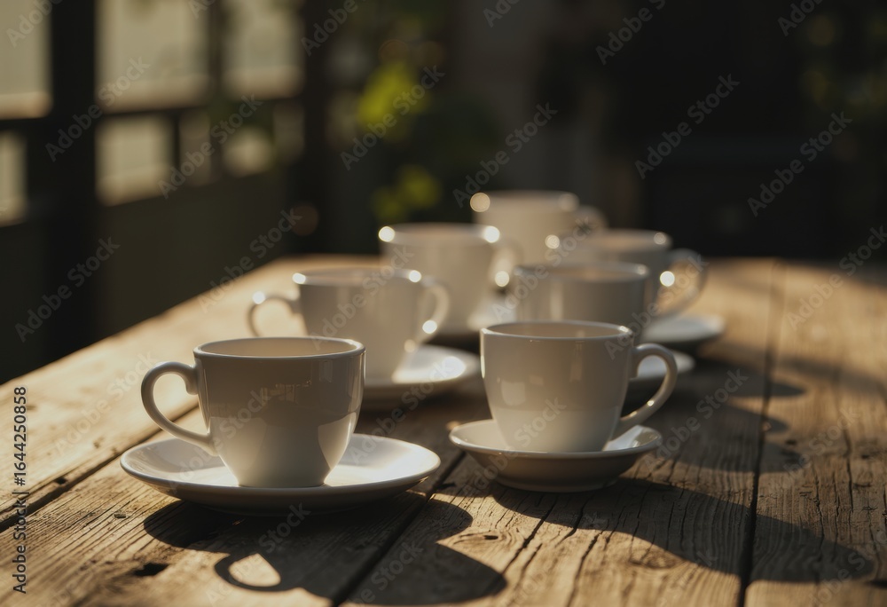 Poster stack of plain cups and saucers arranged on a rustic wooden table
