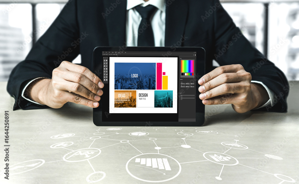 Poster graphic designer software for modern design of web page and commercial ads showing on the computer s
