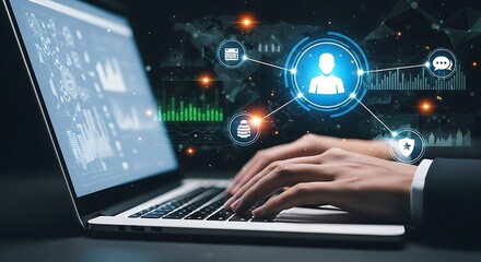 Hands typing on a laptop with a glowing network of people and data