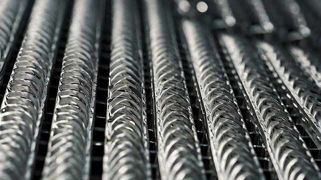 Close up of shiny metal rods with textured surface arranged in a parallel formation on a dark grid