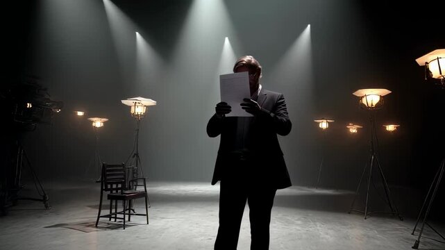 Dramatic lowangle view of actor holding a wellused script in sparse studio illuminated by floor lights while director watches thoughtfully beside camera setup.