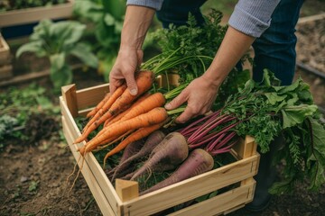 Harvesting fresh carrots and beets in wooden crate outdoors  