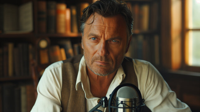 A man with a microphone is sitting in front of a bookshelf. The bookshelf is full of books, and the man is recording an interview. The scene has a serious and professional mood