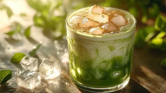 close-up of a beautifully layered iced matcha latte with a hint of vanilla. The vibrant green matcha contrasts with the creamy milk, topped with ice cubes that shimmer in the light. The glass is fille