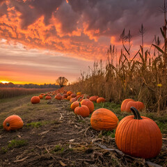 orange pumpkins in a field at sunset ask