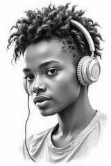 Portrait of a Young African Woman Listening to Music with Headphones