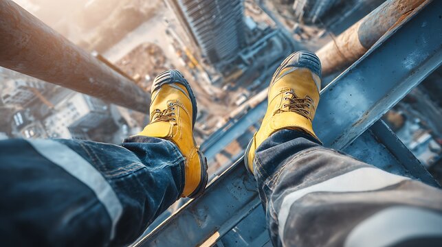 Construction worker sitting on metal beam high above city
