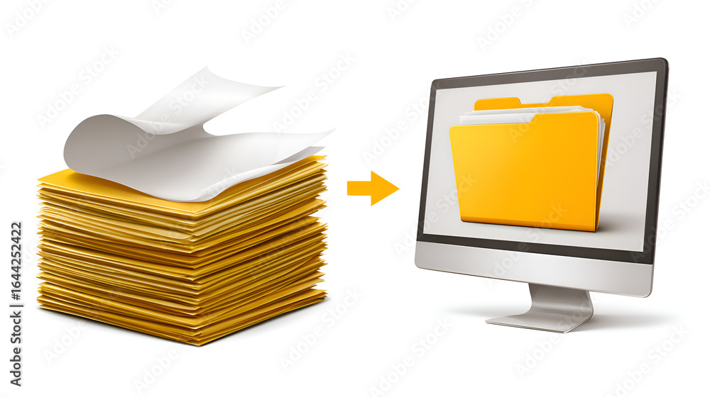 Fototapete digital document transfer: a stack of yellow paper documents being transferred to a computer screen 