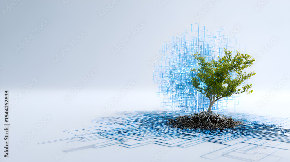 Aufkleber digital transformation concept: a green tree emerging from blue pixelated data on light gray backgro