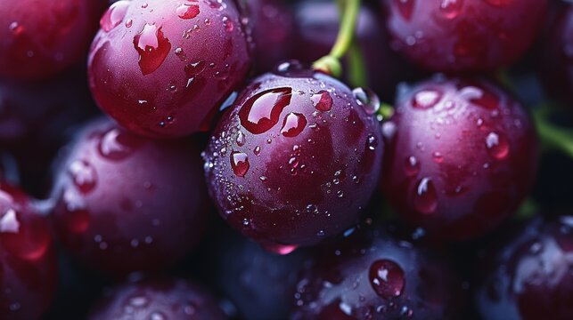Close-up of a bunch of grapes with water droplets &acirc;&euro;&ldquo; Detailed shot of a bunch of grapes with glistening water droplets, capturing the tiny texture of the fruit&acirc;&euro;&trade;s skin and the fine details of the st