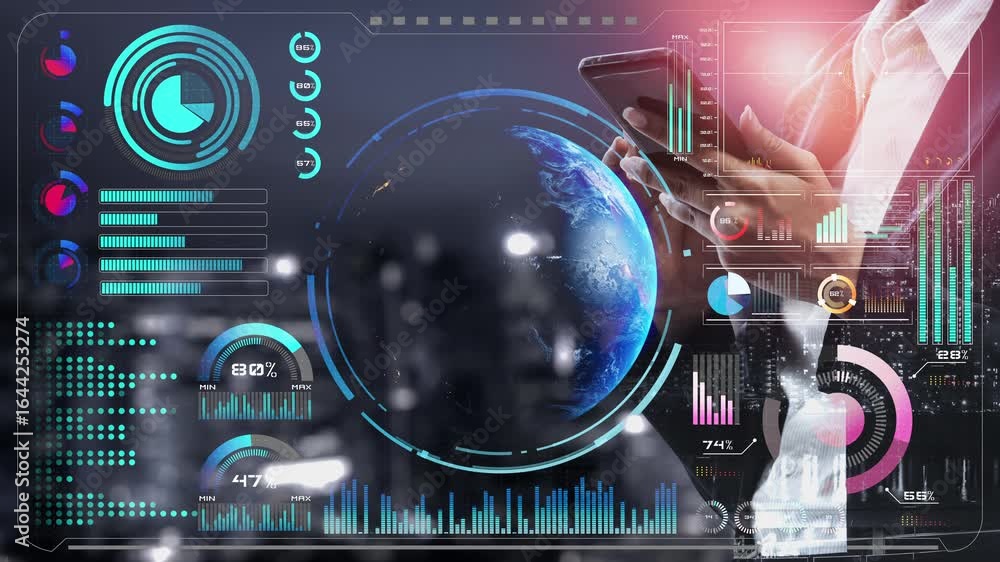 Poster high-tech global network connection interface showing worldwide digital communication, data exchange
