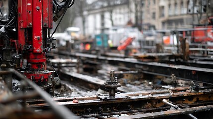 Red crane working on tramway tracks renewal in city center