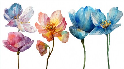 Beautiful Watercolor Flowers Collection on White Background for Creative Projects