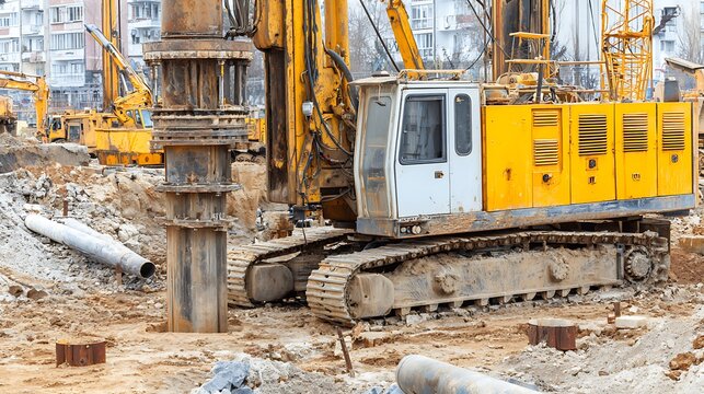 Rotary drilling rig installing concrete piles on construction site