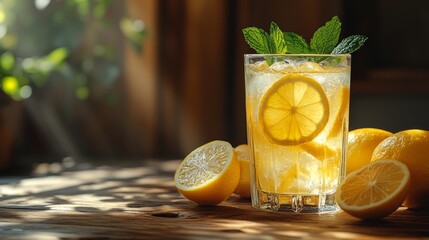 Close-Up of a Cold Glass of Lemonade with Fresh Mint on a Wooden Table --ar 16:9 --stylize 750 --v 6.1 Job ID: 18ba3c06-0b8c-40ab-9298-426c42f1db17