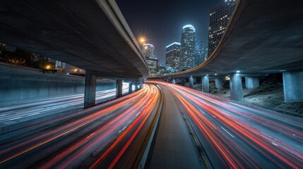 Long exposure urban freeway with car light trails under overpass.