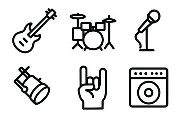 Set of 6 black vector rock show icons on white background, featuring instruments, stage gear, and fan symbols. Ideal for music apps, event flyers, and concert graphics
