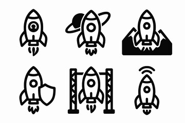 Black rocket icon set with 6 space exploration symbols on white background. Perfect for aerospace branding, science apps, and educational designs