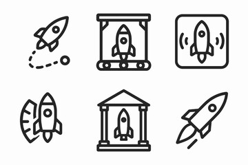 Set of 6 black vector rocket icons, featuring launches, re-entries, and mission elements. Ideal for technology, astronomy, and research resources
